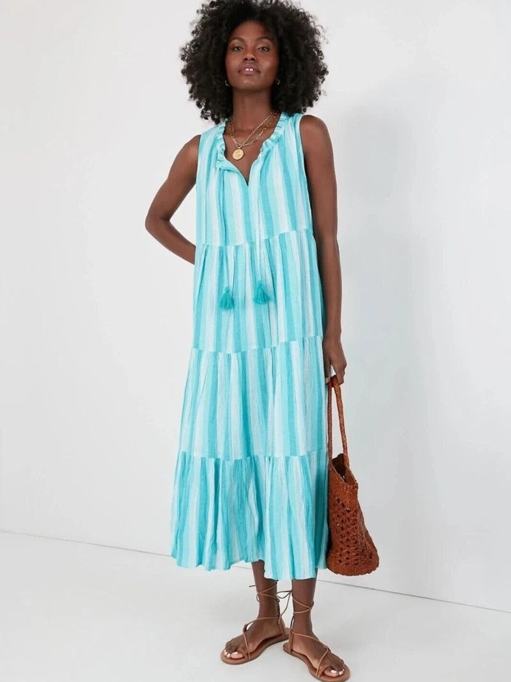 Tuckermuck Aqua White Striped Maxi Tiered Dress Size